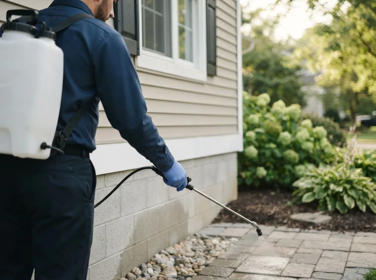 Pest control technician inspecting a home in Urbana, MO